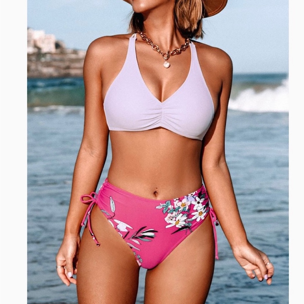 Cupshe light purple braided back top and floral print bottom 2 piece swimwear